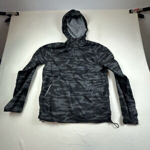 Hill City Hooded Windbreaker Jacket Mens Small Black Camo 1/2 Zip Lightweight